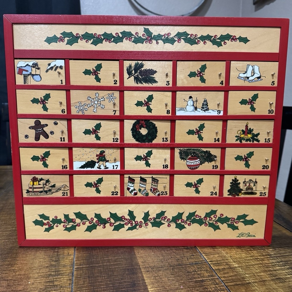 Vintage Christmas L.L. Bean Advent Calendar Wood 1990's original box for storage